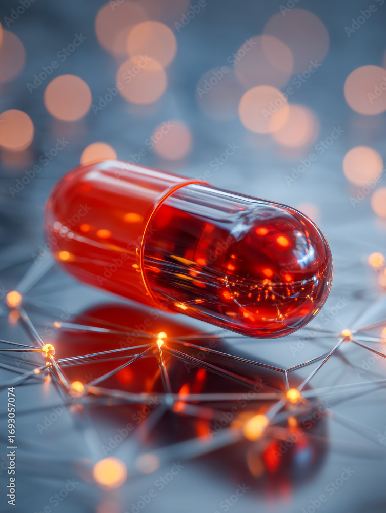 Aufkleber Close-up of a transparent red capsule resting on a futuristic network of glowing orange nodes with soft bokeh lights in the background, symbolizing advanced technology and connecti