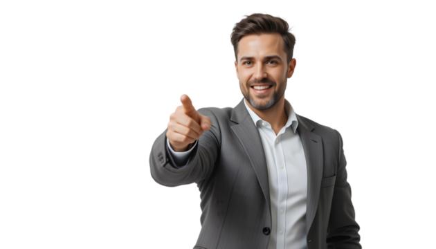 Smiling man in a suit pointing forward, isolated on transparent background