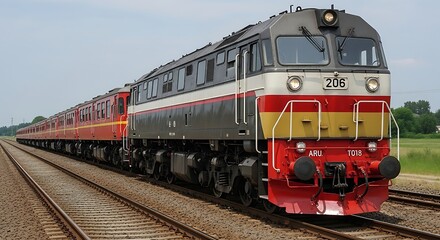 Fototapeta premium Diesel locomotive pulling a passenger train on the railway.