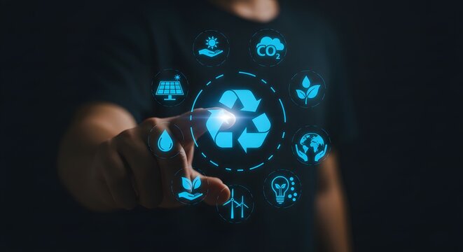 Hand Touching Futuristic Digital Interface with Environmental Icons