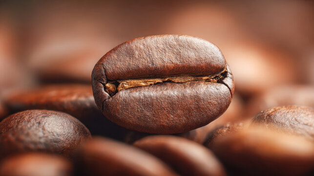 Close-up of a single roasted coffee bean with a rich brown texture surrounded by blurred coffee beans, highlighting details and natural patterns of the bean surface - Powered by Adobe