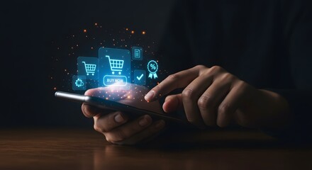 Hands Using Smartphone for Online Shopping with Digital Icons and Glowing Particles