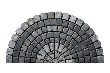 Semicircular fan pattern of grey cobblestone pavers isolated on white.