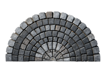 Semicircular fan pattern of grey cobblestone pavers isolated on white.