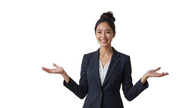 A smiling businesswoman in a dark suit gestures with her hands open, isolated on transparent background