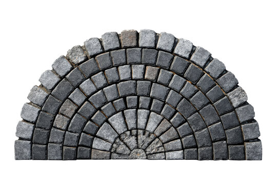 Semicircular fan pattern of grey cobblestone pavers isolated on white.