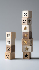 Wooden blocks with different emoticons and checkmarks stacked in two columns cube