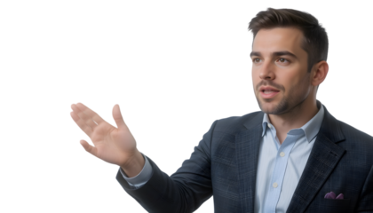 A businessman in a patterned jacket gestures with his hand while speaking, isolated on transparent background