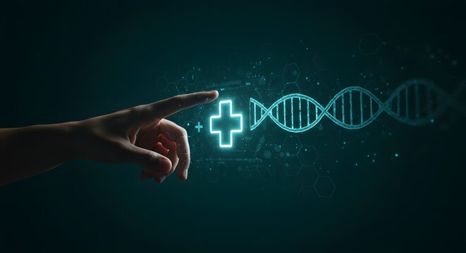 Human Hand Interacting with Futuristic DNA and Medical Cross Hologram