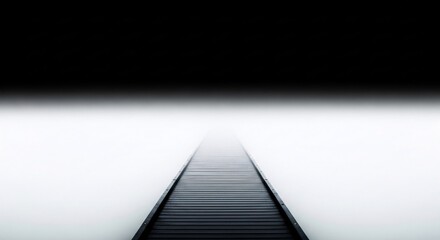 High-contrast, minimalist black and white image of a wooden pier disappearing into a mysterious white fog. A powerful metaphor for the journey into the unknown, uncertainty, faith, and the future.
