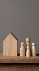 Wooden house and peg doll family figures arranged on a wooden surface with grey background home