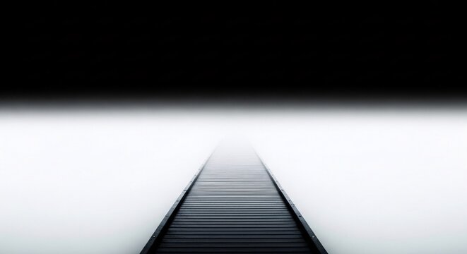 High-contrast, minimalist black and white image of a wooden pier disappearing into a mysterious white fog. A powerful metaphor for the journey into the unknown, uncertainty, faith, and the future.