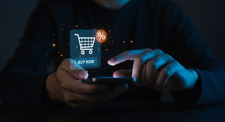 Online Shopping Experience: Hand Using Smartphone to Buy Now with Discount