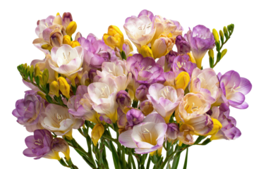 A vibrant bouquet of purple white and yellow freesia flowers.
