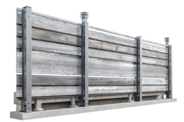 Industrial weathered wood and metal barrier on a concrete base.