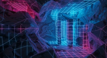 Abstract grid structure glows with neon colors in a futuristic digital landscape, creating a vibrant and immersive visual experience.