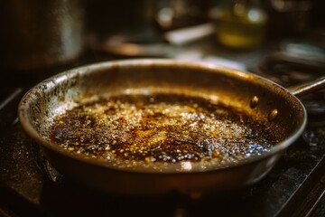 Fried Meal Residue: Used Oil in a Frying Pan on the Stove in a Busy Kitchen Setting