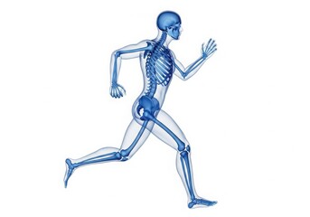 Anatomical illustration of a human skeleton running, isolated on white background