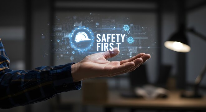 Safety First Concept: Hand Holding Futuristic HUD with Hard Hat and Gears