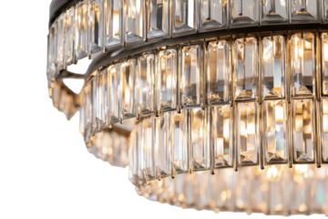 Elegant tiered crystal chandelier with sparkling glass prisms.