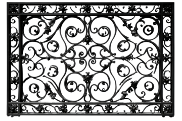 Vintage illustration of an ornate wrought iron grille with intricate scrollwork.