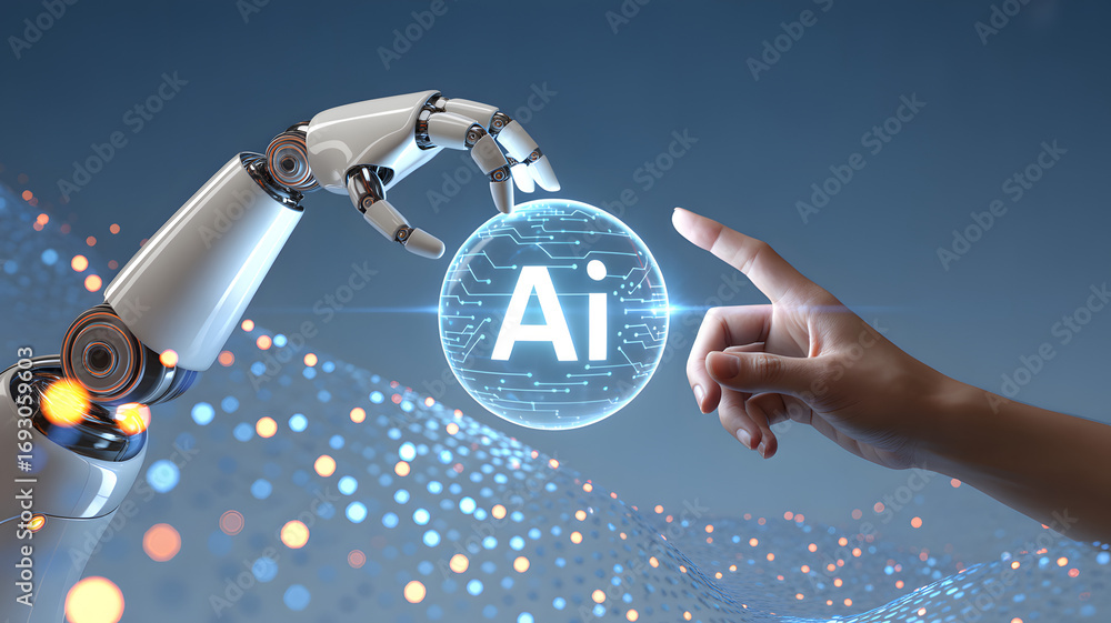 Poster ai and human connection: a futuristic depiction of artificial intelligence interacting with a human,