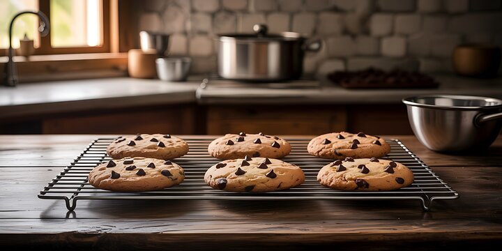 Freshly baked chocolate chip cookies cooling on rack in rustic kitchen setting