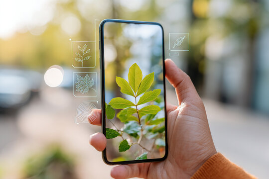 Hand holding smartphone displaying augmented reality leaf in urban setting