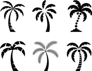 Fototapeta premium Collection of six stylized black silhouette palm trees on white background