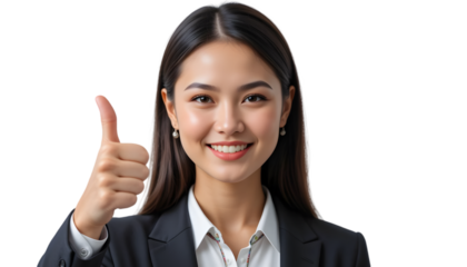 Young asian businesswoman smiling and giving a thumbs up, isolated on transparent background