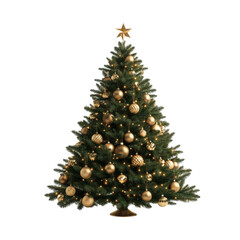 Elegant Christmas tree adorned with golden ornaments and sparkling lights, topped with a radiant star, perfect for festive celebrations and holiday marketing.