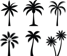 Collection of six silhouette palm trees on a white background