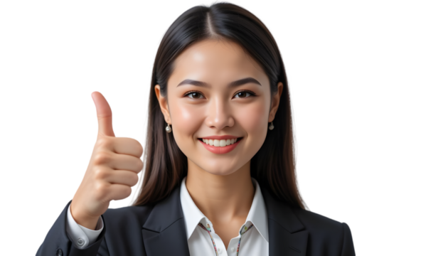 Young asian businesswoman smiling and giving a thumbs up, isolated on transparent background