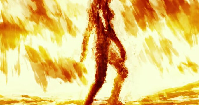 Fire goddess comes out from hot lava and walks over stones. Terrible whirlwind into another world. Supernatural beings from the depths of hell. Animation in fantasy genre. Orange color background.