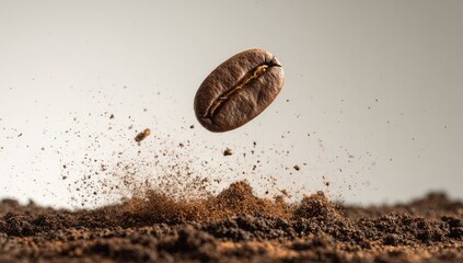 Coffee bean in mid-air, exploding ground coffee