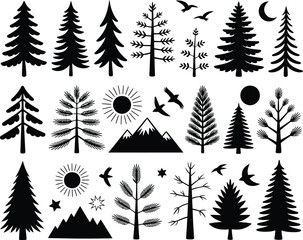 Obraz premium Collection of hand drawn forest trees mountains sun moon and birds