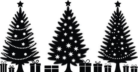 Three Christmas trees with ornaments, festive star decorations, and gift boxes, black silhouette style, holiday vector isolated on white background