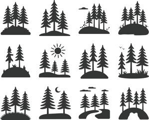 Obraz premium Collection of silhouette evergreen trees on islands and hills