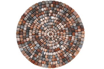 Circular mosaic pattern made of small colorful stone tiles.