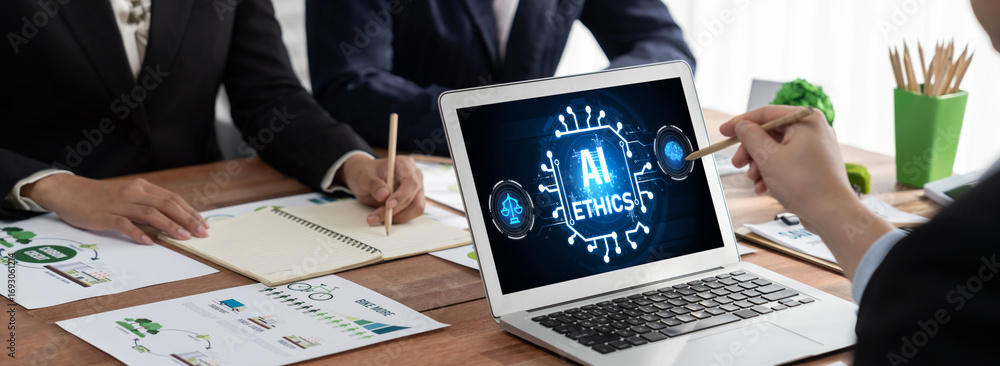 Aufkleber ai ethics responsibility standard law and rules on computer screen provide report of ai ethic transp