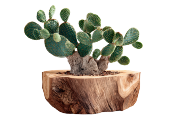 Green prickly pear cactus growing in a rustic hollowed log planter.