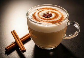 Aromatic coffee drink with cinnamon and star anise in a glass mug, perfect for cozy moments