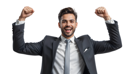 Excited businessman in a suit pumps his fists in celebration, isolated on transparent background