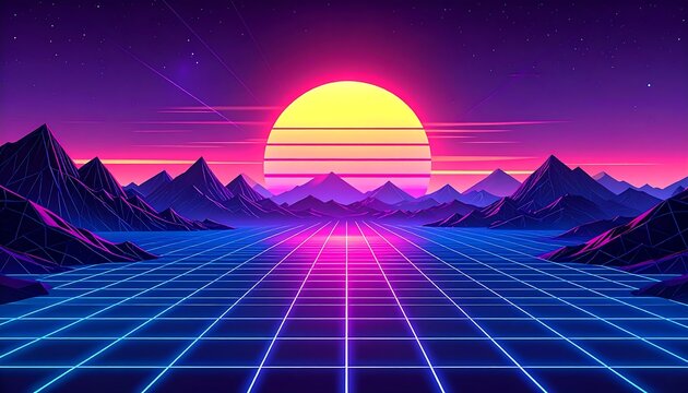 Retro Sunset Landscape Digital Art
