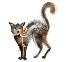 Black cat with bow watercolor drawing. Isolated hand drawn pet animal illustration. Suitable for Halloween, decoration, clipart, design element, cartoon, sticker, poster.