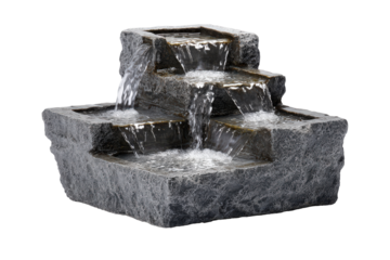 A three tiered gray stone water fountain isolated on a white background.