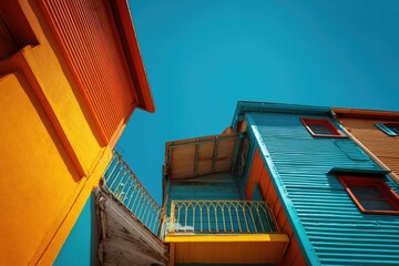 Vibrant colorful buildings with balconies under a vibrant blue sky