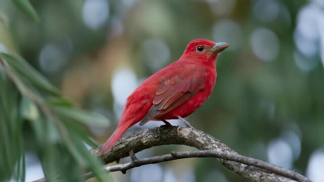 Summer Tanager perched on a branch.