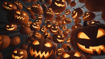 A spooky and festive halloween scene filled with many glowing jack o lanterns illuminated from within