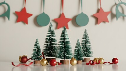 Festive christmas scene with miniature pine trees hanging star and round ornaments and decorative ribbon and baubles